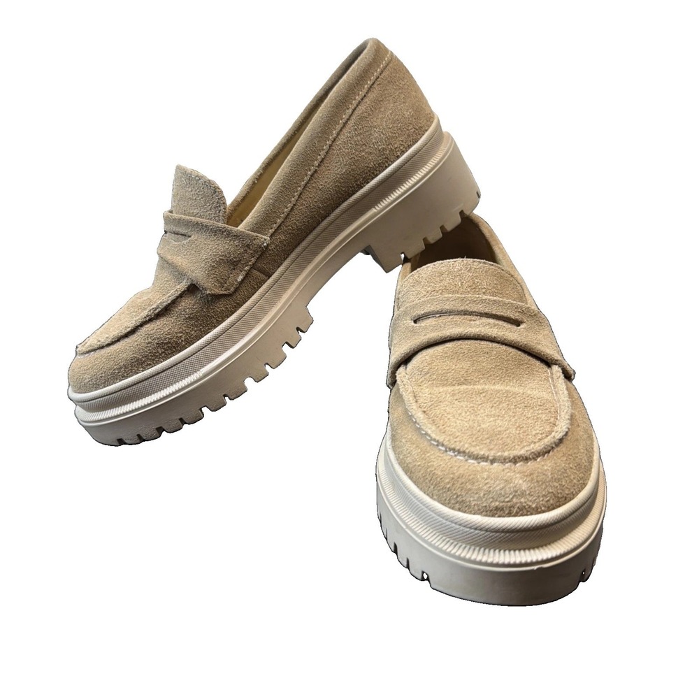 Patina by Portland Zoe Chunky Lug Sole Penny Loafer Womens SZ 7 Taupe Suede Tan